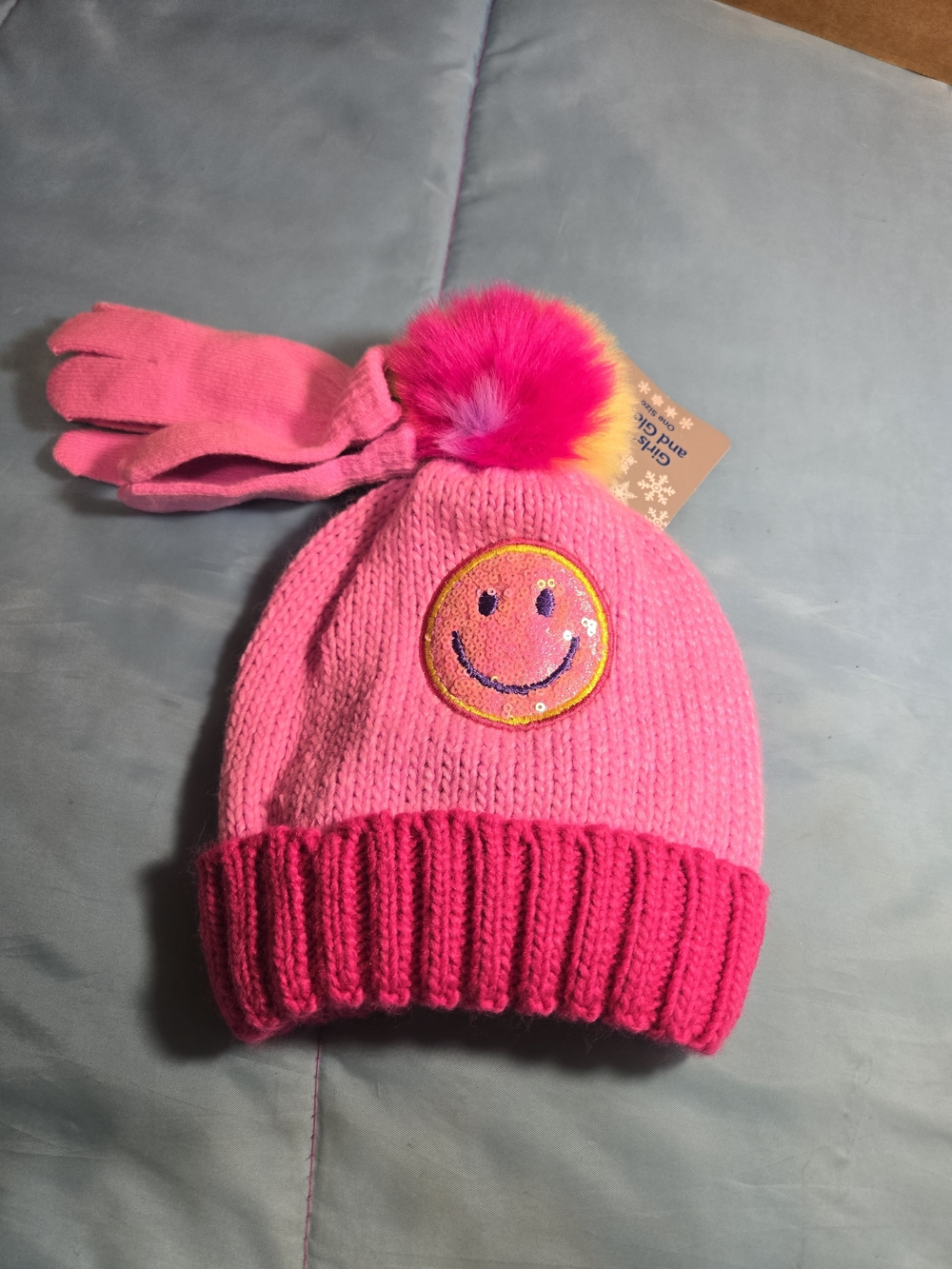 Girls' Bright Pink Smiley Pom Knit Hat with Matching Gloves